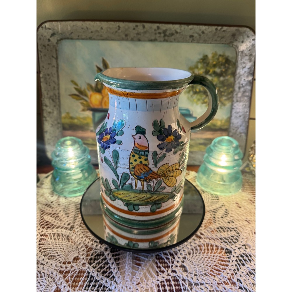 Vintage Italian Pottery Rooster Pitcher Hand Painted Ceramic Jug Made in Italy
